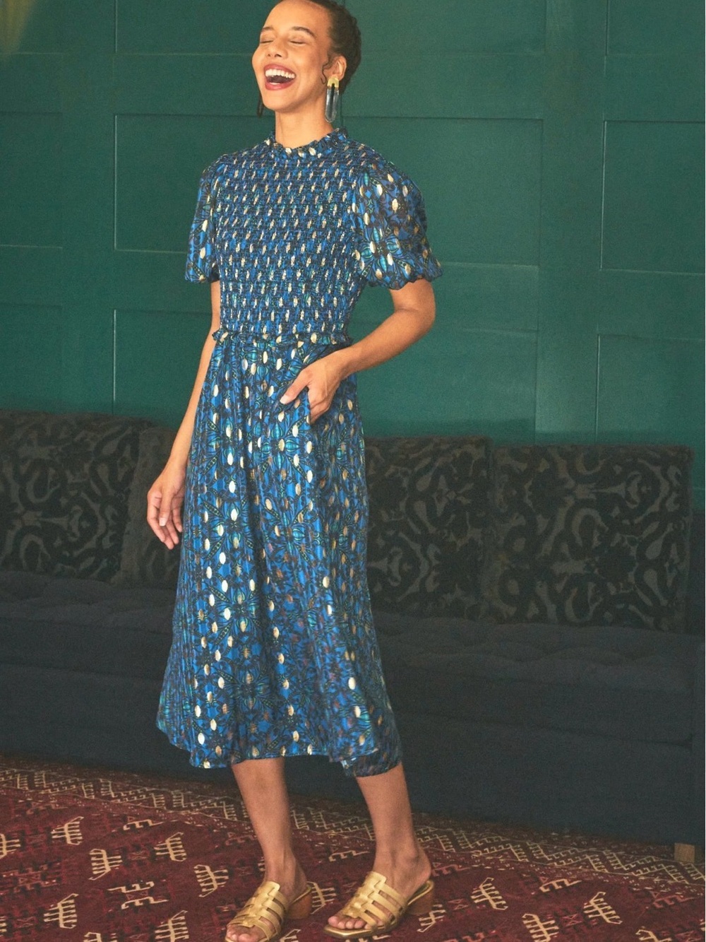 Teal Printed Smocked Midi Dress Size XS New with Tags